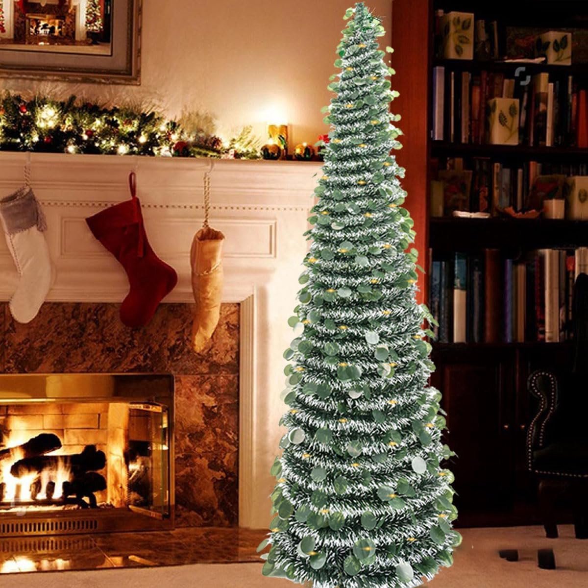 Kunstkerstboom, 150 cm, opvouwbare pop-up lametta kerstboom, voorverlichte kerstdecoratie voor binnen, woondecoratie (groen)