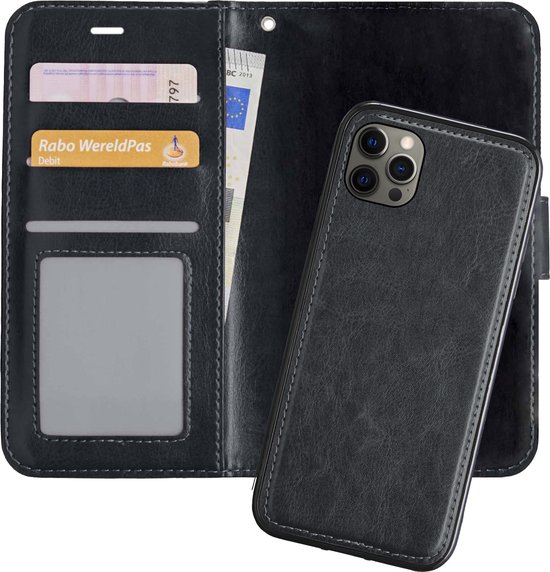 Étui livre noir en cuir pour iPhone 12 Pro Max, avec fentes pour cartes et une coque rigide amovible.