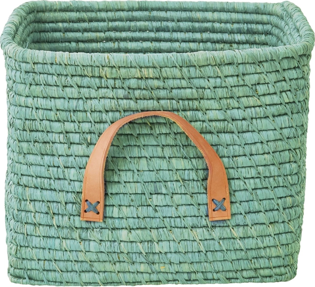 Rice - Small Square Raffia Basket with Leather Handles - Mint