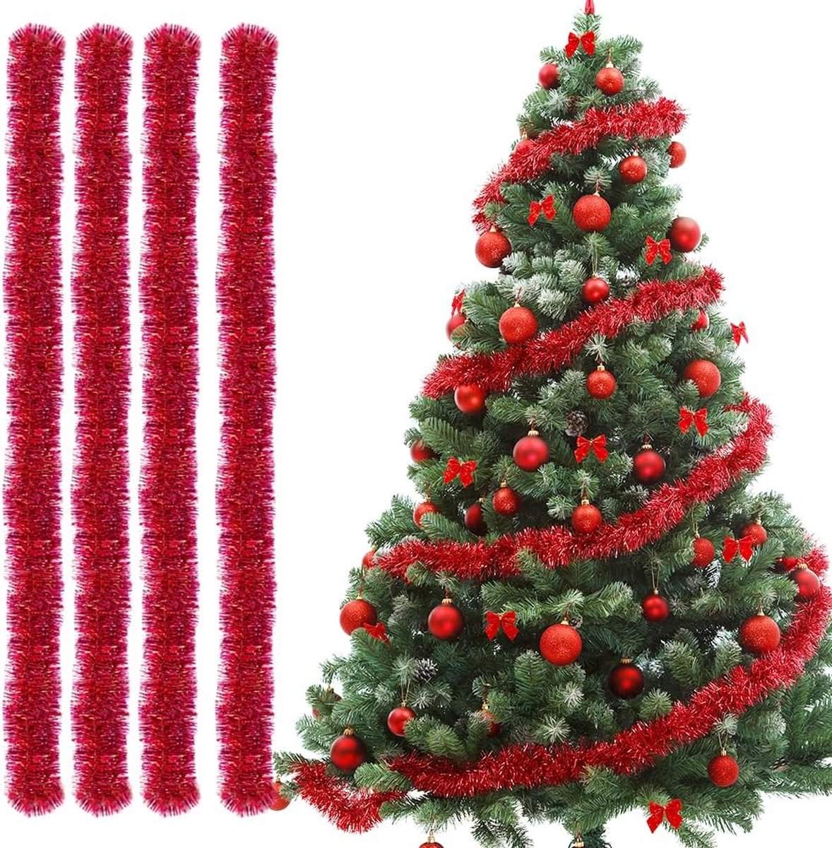 Kerstslingers, 4 stuks klatergoud kerstboom, 3 m klatergoud slinger, klatergoud slinger, kerstdecoratie klatergoud voor kerstboom, kerstfeest, verjaardagsfeestdecoratie (rood)
