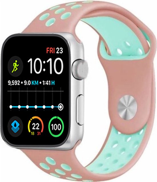 Zilveren smartwatch met roze en lichtblauwe band, toont tijd 10:10 en sportstatistieken.