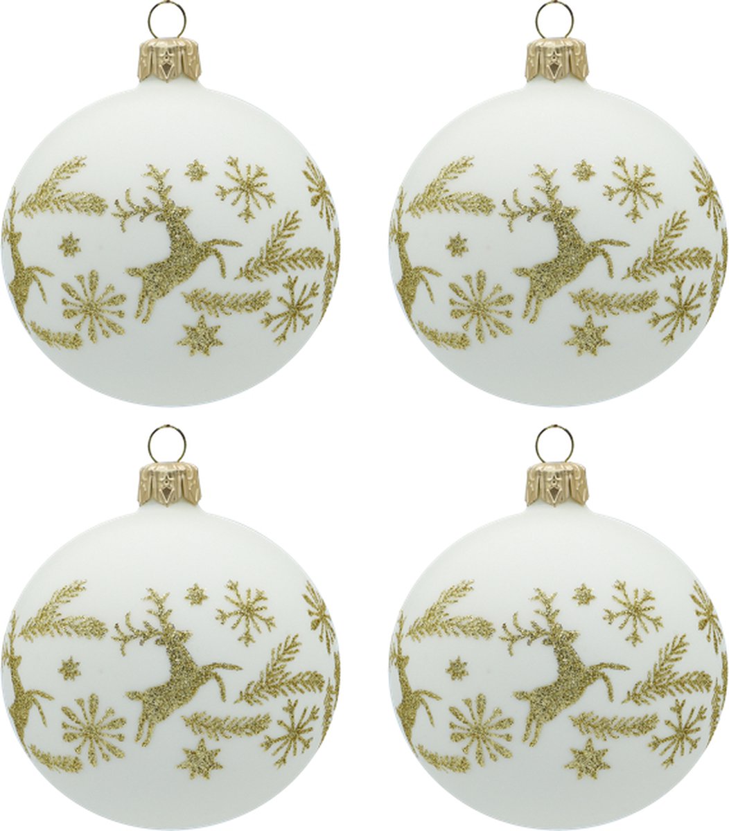 Feestelijke Witte Kerstballen met Goud Kerstpatroon met Hertjes, Sterren en Dennentakken - set van 4 glazen kerstballen van 8 cm