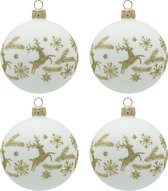 Feestelijke Witte Kerstballen met Goud Kerstpatroon met Hertjes, Sterren en Dennentakken - set van 4 glazen kerstballen van 8 cm