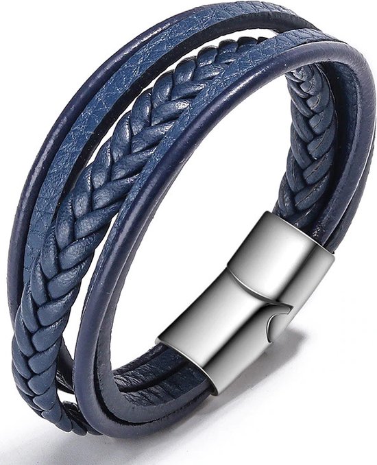 Armband Heren - Blauw Leer met Stalen Sluiting - Leren Armbanden - Cadeau voor Man - Mannen Cadeautjes