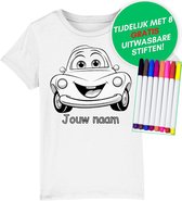 Inkleurbaar t-shirt kinderen – auto - kinderspeelgoed – 5 tot 6 jaar - eigen naam – gepersonaliseerd – kleuren – viltstiften voor kinderen – t-shirt