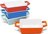 Keukenset van 4 mini rechthoekige keramische bakkommen, ideaal als kleine ovenschaal, lasagnebakschaal, kleine ovenbestendige schaaltjes, in blauw, lichtblauw, rood, oranje.
