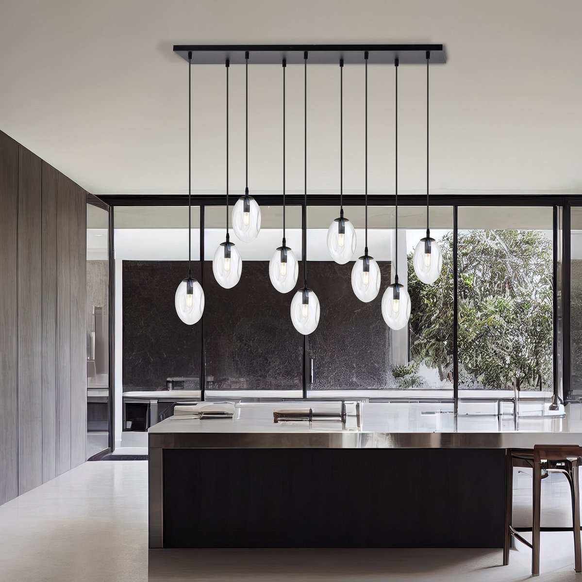Emibig Uitzonderlijk lange zwarte hanglamp met 9 transparante glazen E14 - Perfect voor sfeervolle verlichting