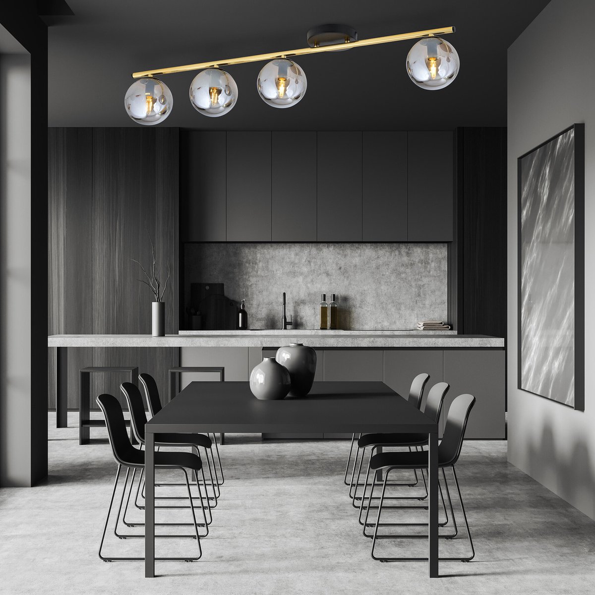 Emibig Lange plafondlamp 4x E14 messing en zwart met gerookte glazen bollen - Creëer een sfeervolle ambiance in uw ruimte