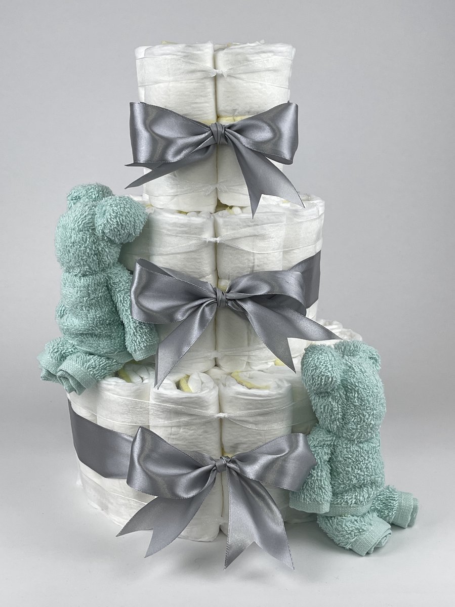 Goedkoopste Chouette-Chouette | Luiertaart Neutraal | Kraamcadeau | Geboorte Jongen Meisje | Babyshower | Beren Mint groen - Grijs