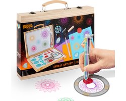 foto van Joya Creative Spirograaf voor Kinderen - 24-Delige Luxe Houten Tekenkoffer - Knutselpakketten en Spiraal Tekenen