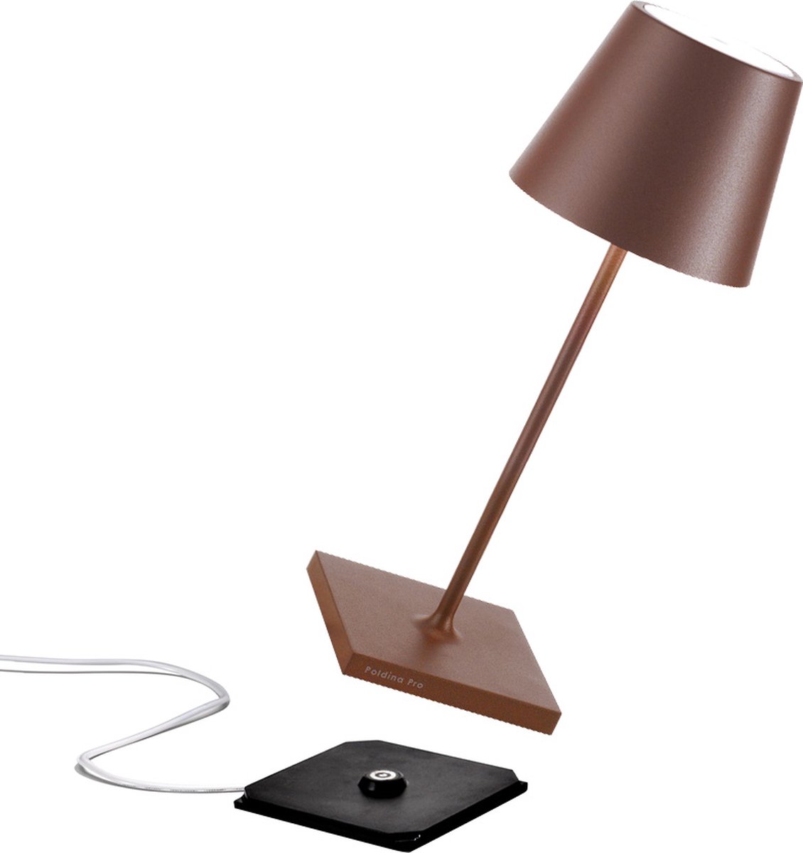 Zafferano Poldina Pro Mini Tafellamp - Oplaadbare Buitenlamp Roest Bruin - IP65 Spatwaterdicht - Bureaulamp Snoerloos - Dimbare LED Lamp - Tuinlamp met Draadloos Oplaadstation - 30 cm x Ø 11cm