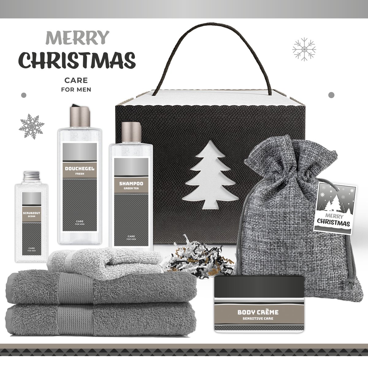Geschenkset “Merry Christmas!” - 8 producten - 1250 gram | Kerstpakket voor hem - Wellness Cadeau Man - Kerstgeschenk - Kerstcadeau - Gift Speciaal voor jou - Kerst Pakket - Fijne Kerstdagen Feestdagen - Vriend Vader Collega Werknemer - Zilver Zwart