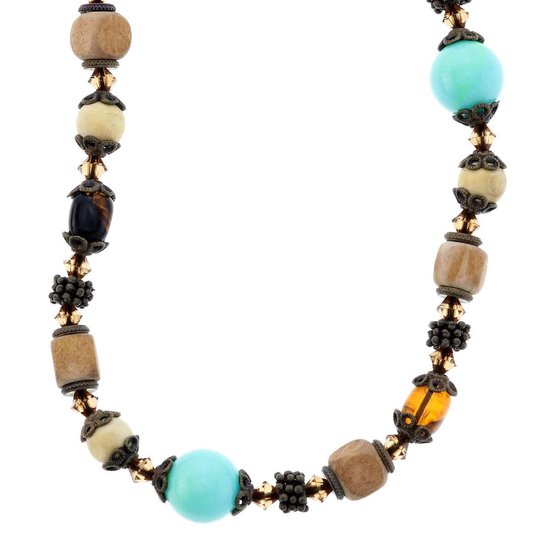 Behave Long collier en corde avec perles turquoise et marron