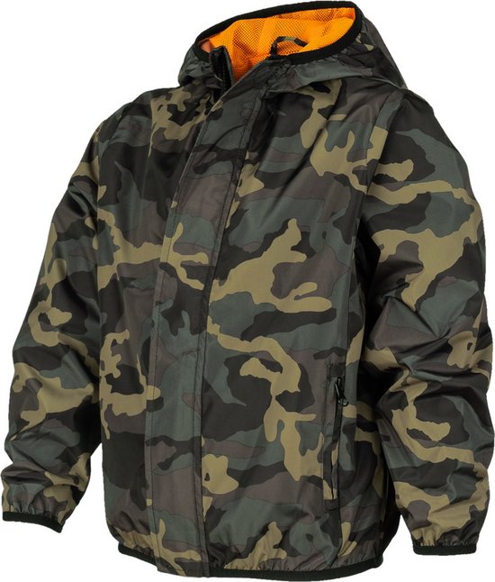 Zijzicht van een jongens jack met camouflageprint en oranje voering. De jas is sluitbaar met een rits.
