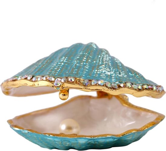 Blauwe schelp sieradendoos trouwringhouder metalen schelpbeeldje voor ringdisplay