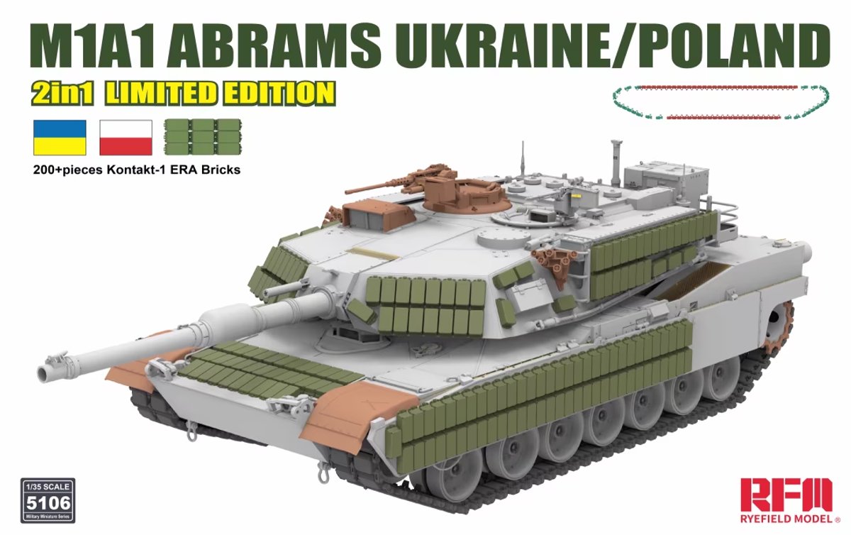 Rye Field Model Modelbouwpakket Militaire voertuigen - 5106 M1A1 Abrams Ukraine/Poland - 2in1 Limited Edition Plastic - 1:35 - Modelbouw