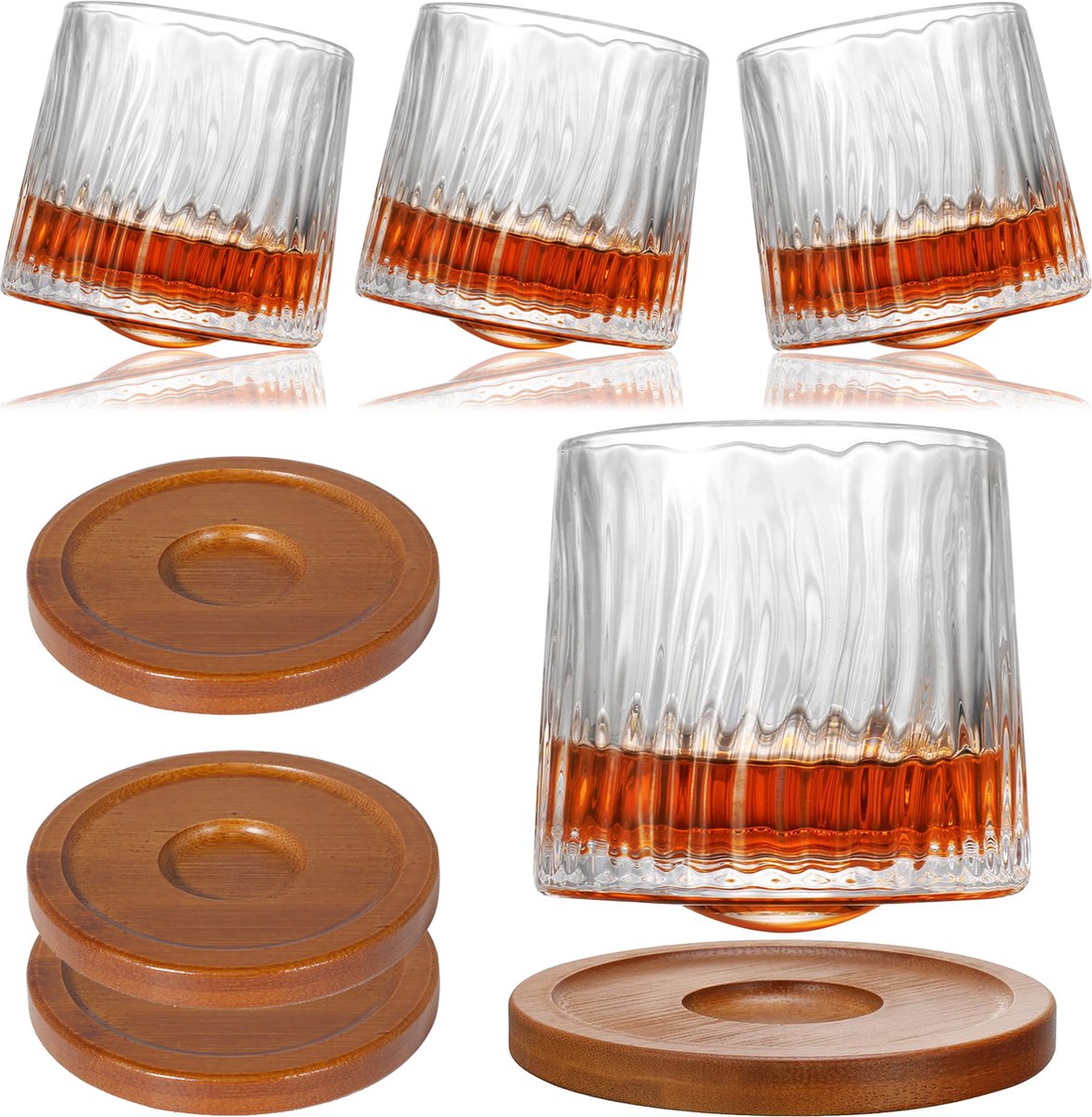 Uten Luxe Whiskey Glazen - Tumbler Whiskey Set Van 4 - Kristallen Whiskey Glas - Incl 4 Draaibaar Onderzetters - 275ml - Transparant Gletsjer Patroon