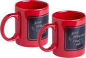 Luxe krijt koffiemok/beker - 2x - rood - keramiek - met zwart schrijfvlak - 350 ml