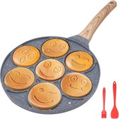 Pannenkoekenpan inductie, antiaanbakpannenkoekenmaker 7 gaten met smileygezichten gebakken eierpan, voor kinderontbijt, 26 cm - zwart