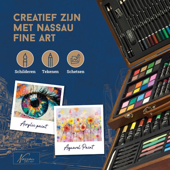 Nassau Fine Art Painting Case, 145-Piece Art Drawing Box in Metal Storage Box, Creative Box for Children and Adults, Colouring Pencils, Watercolour