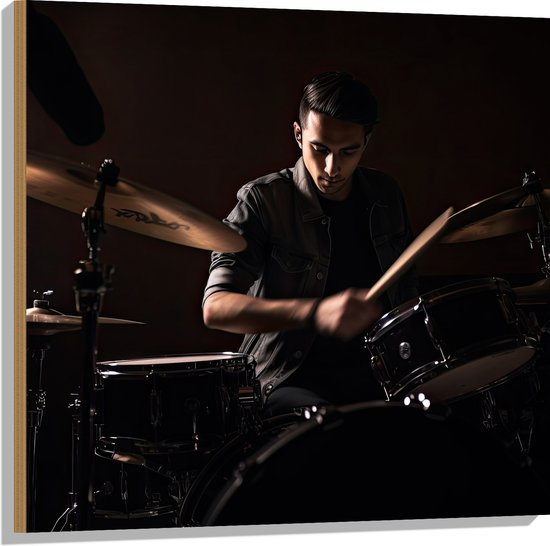 Hout - Man - Drummen - Muziek - Donker - Hobby - 80x80 cm - 9 mm dik - Foto op Hout (Met Ophangsysteem)