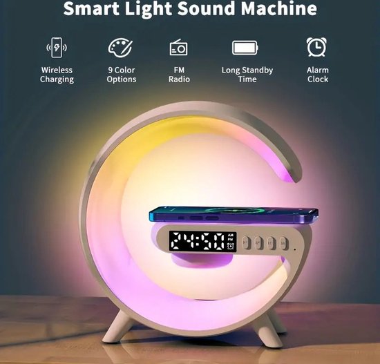 Wekker met 9 kleuren LED - slim omgevingslicht - dimbare LED lamp voor zware slapers - nachtlampje - zonlicht simulatie - wakker worden met zonlicht - wekker radio met verlichting - draadloze bluetooth speaker + 1M Oplaadkabel USB / USBC