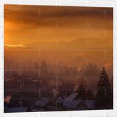 Muursticker - Huizen - Zonsondergang - Sneeuw - Winter - 80x80 cm Foto op Muursticker