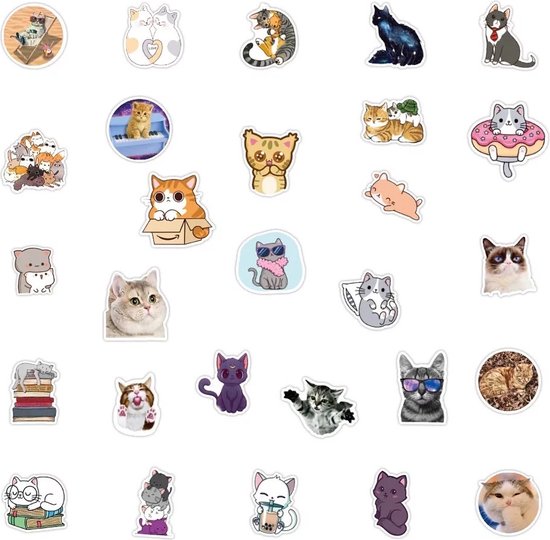 50 stuks Poezen Stickers - Katten - Kitten - Cartoon en Foto - Voor op de fiets, beker, laptop, schoolspullen, kamer, etc - School - Kinderen - Stickers - Plakken - Stikker - Cats - Schattig - Meisjes - Bundel - Set - 50