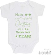 100% katoenen Romper "Have a wonderful Christmas and a happy New year!" Kerst Kerstmis Nieuwjaar Unisex Katoen Wit/sage green (saliegroen) 62/68