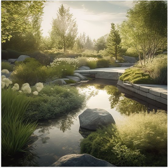 Poster Glanzend – Water - Stenen - Bloemen - Planten - Bomen - 50x50 cm Foto op Posterpapier met Glanzende Afwerking