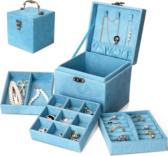 Sieradendoos 4 niveaus, multifunctionele roterende sieradenopslag, sieradenstandaard, sieradendoos, zwaanvormige haak voor ringen, oorbellen, ketting (blauw)