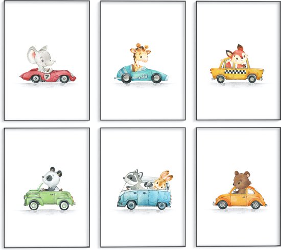 No Filter Set d'affiches pour chambre d'enfant - 6 pièces - Affiches Animaux dans des Véhicules - 30x40 cm (A3) - Affiches de voiture - Affiches pour chambre de garçons