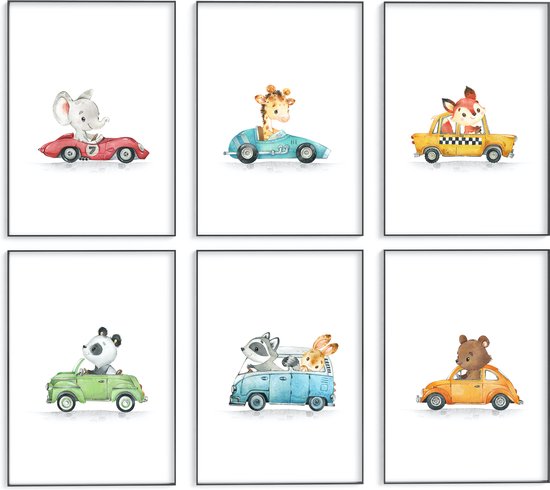 No Filter Kinderkamer poster set - 6 stuks - Dieren in Voertuigen posters - 30x40 cm (A3) - Auto posters - Jongenskamer posters