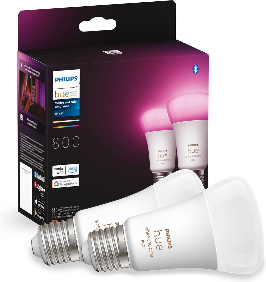 Philips Hue Slimme Lichtbron E27 Duopack - White and Color Ambiance - 6.5W  - Bluetooth... | bol.