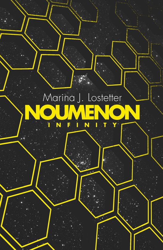 Noukomenon Infinity - Marina J. Lostetter, met een gele zeshoekige grafische afbeelding op een zwarte achtergrond met sterren.