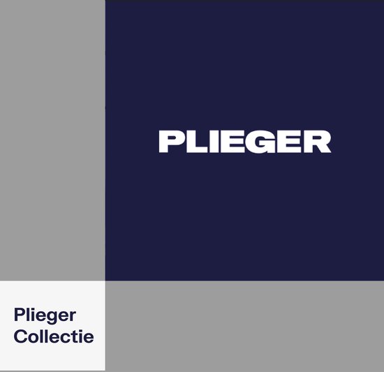 Donkerblauw vlak met witte tekst 'PLIEGER' en grijs vlak met tekst 'Plieger Collectie'.