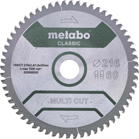 Metabo 628066000 Multi Cut Cirkelzaagblad - 216 x 30 x 60T - Hout / Epoxy / Aluminium / Kunststof