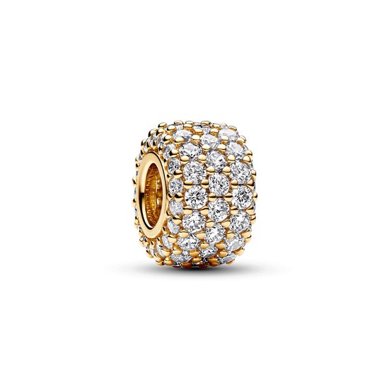 Gouden Pandora bedel met drie rijen heldere zirkonia's en gouden korreldetails.