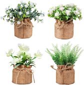 Kunstbloemen in pot, nep-potplanten, 4 stuks, mini-kunstplanten, kunstplant in pot met zaklinnen, plastic planten, decoratie, wit