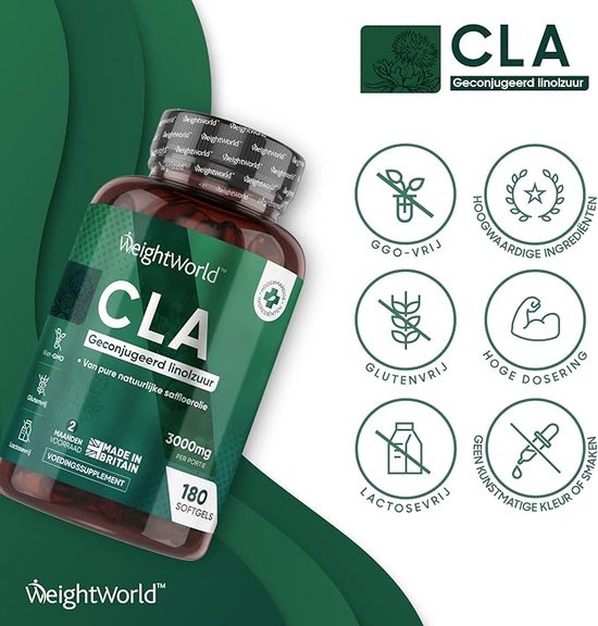 WeightWorld CLA softgels - 3000 mg geconjugeerd linolzuur per portie - 180 softgels voor 2 maanden voorraad - Weight World