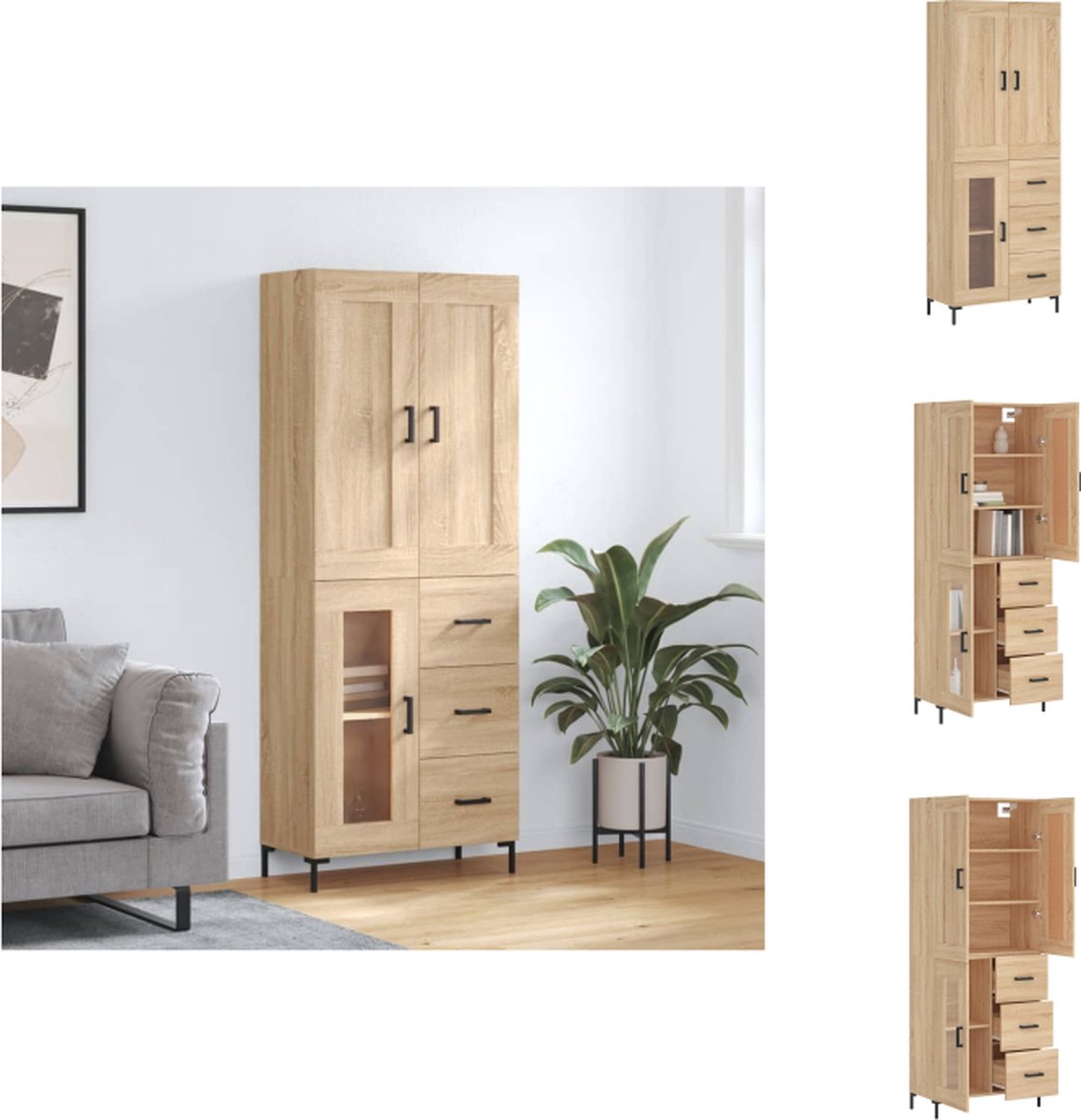VidaXL Hoge Kast Sonoma Eiken Bewerkt Hout Metaal Glas 69.5 x 34 x 180 cm Voldoende Opbergruimte Keukenkast