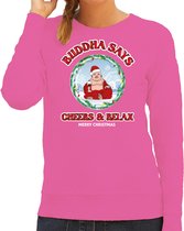 Bellatio Decorations foute Kersttrui/sweater voor dames - buddha says cheers & relax - roze - wijn L