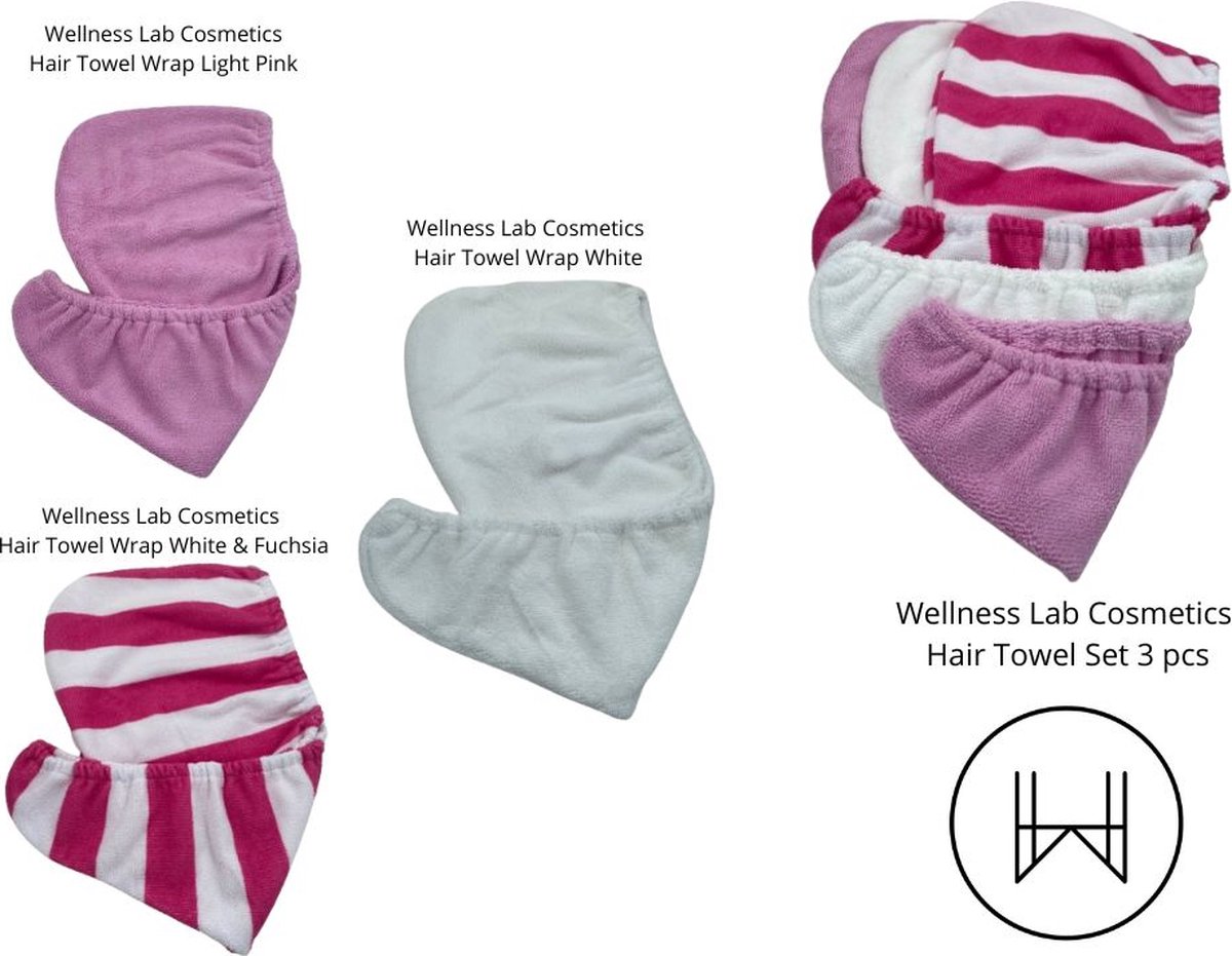 Haar Handdoek | Wellness Lab Cosmetics | set van 3 | Wit | Roze | Wit/Roze