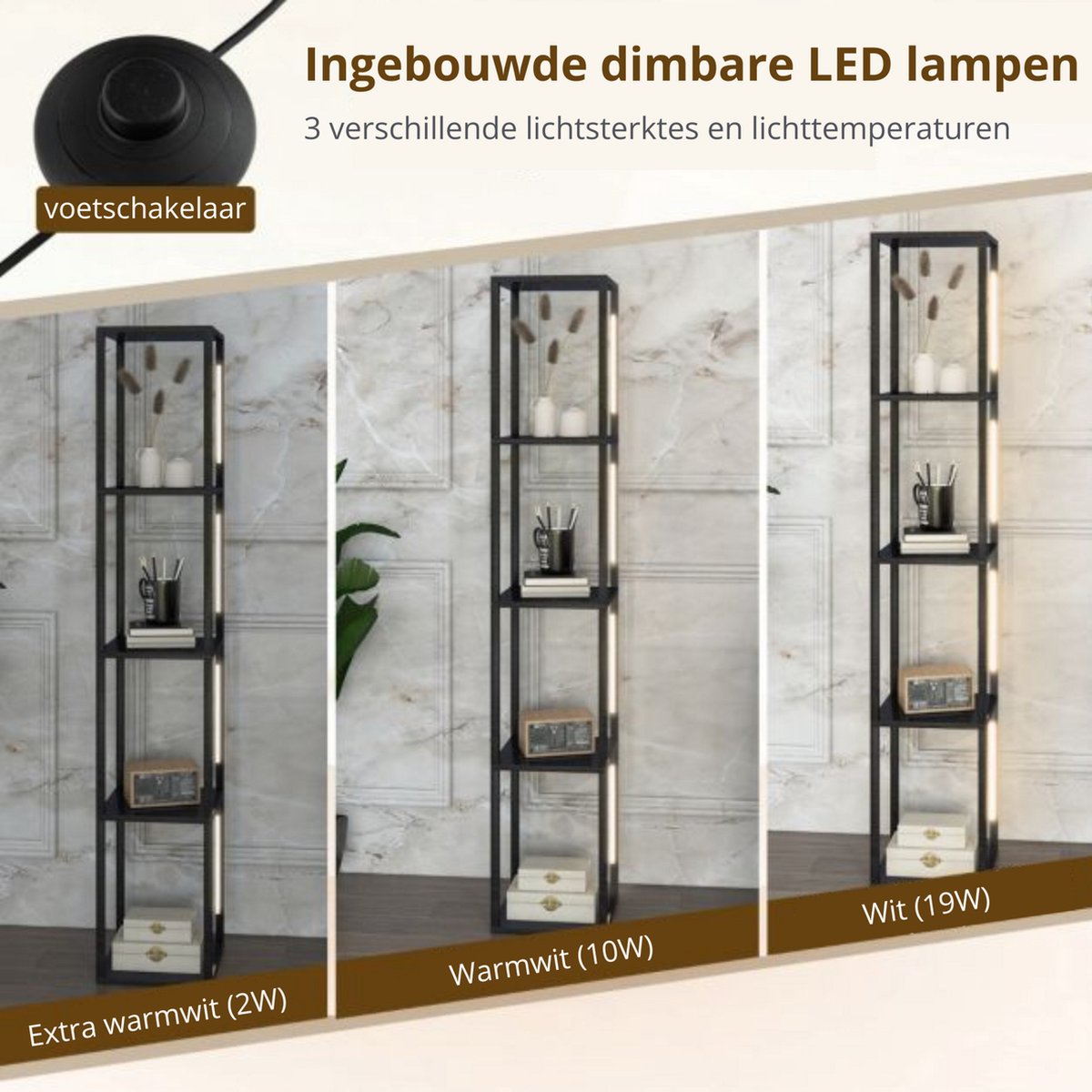 Vloerlamp - Dimbaar - LED - Staande lamp - Stalamp - Met opbergruimte - Vloerlamp woonkamer - Staande lampen woonkamer - Sfeerlamp - Vitrine - 29L x 29B x 163H cm - Zwart thumbnail 4