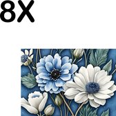 BWK Textiele Placemat - Kunstige Wit met Blauwe Bloemen - Set van 8 Placemats - 35x25 cm - Polyester Stof - Afneembaar