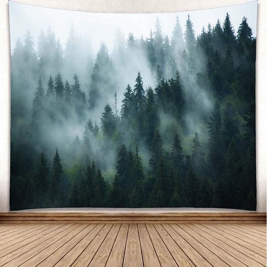 Tapisserie murale vert forêt, tapisserie murale brumeuse forêt pour chambre à coucher, serviettes murales paysage, forêt à suspendre, tissu pour mur dans la décoration de la maison Extra large 274 x 203 cm
