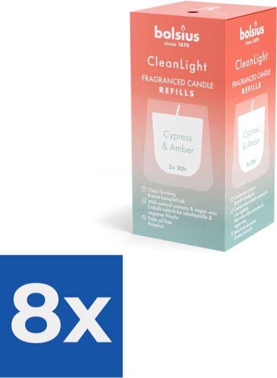 Bolsius Clean Light Fragranced Refills Cypress & Amber 2ST - Voordeelverpakking 8 stuks