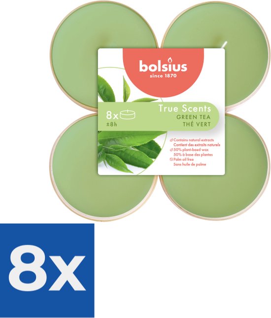 Bolsius - Maxilichten clear cup True Scents Green Tea 8u - Voordeelverpakking 8 stuks