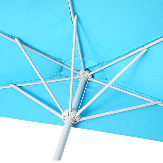 Onderkant van een turquoise parasol met witte baleinen en centraal mechanisme.