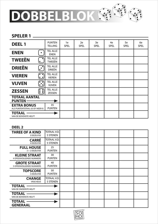 Scoreblok Yahtzee - Spelletjes blok - Spelletjes voor volwassenen - Yahtzee spel - 1 blok - 100 vellen